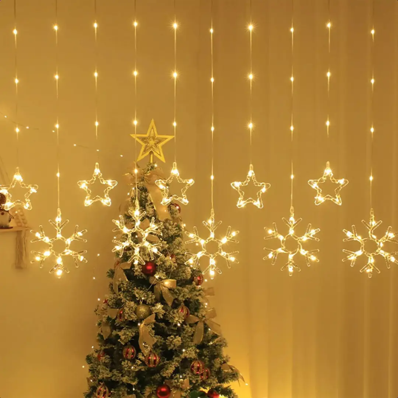 Гирлянда-штора Звезда-снежинка 10 фигурок теплый цвет от USB на окно (2815908065)