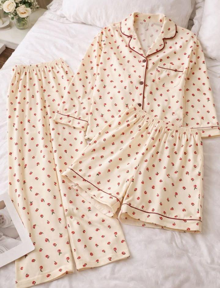 Домашний женский хлопковый комплект тройка рубашка шорты и штаны Saimeiqi 23k L Сливочный