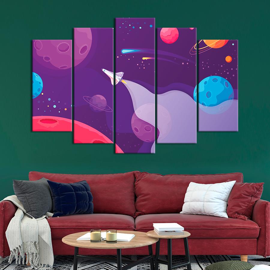 Картина на холсте Мультяшный космос с яркими планетами 137x85 см (V222-5_L) Картина на холсте Мультяшный космос с яркими планетами 137x85 см (V222-5_L)