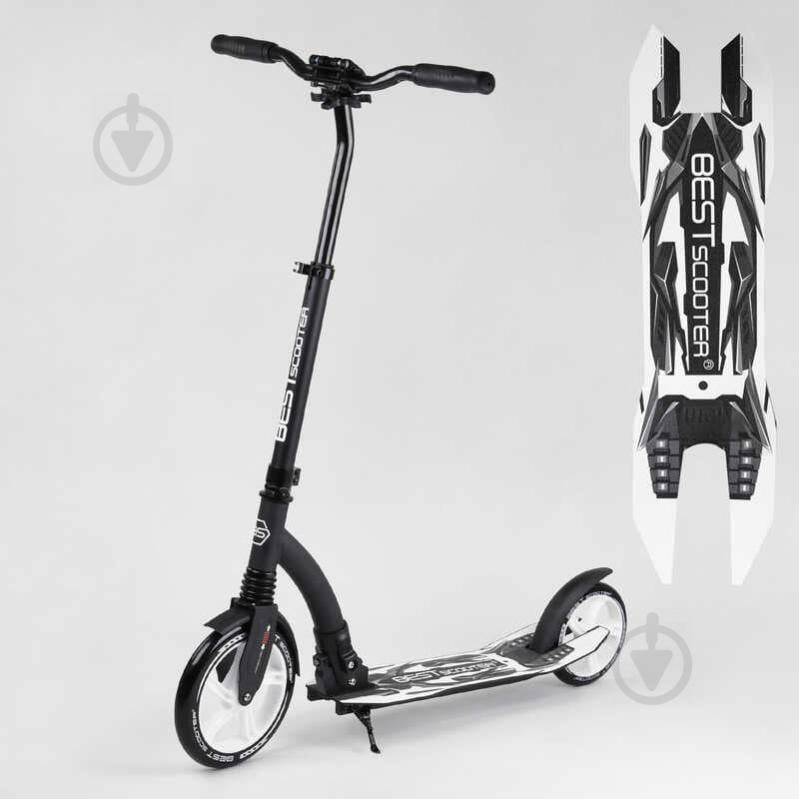 Самокат двухколесный Best Scooter с PU колесами, амортизатором, широким рулем, зажимом для руля Black/White (100069) Самокат двухколесный Best Scooter с PU колесами, амортизатором, широким рулем, зажимом для руля Black/White (100069)