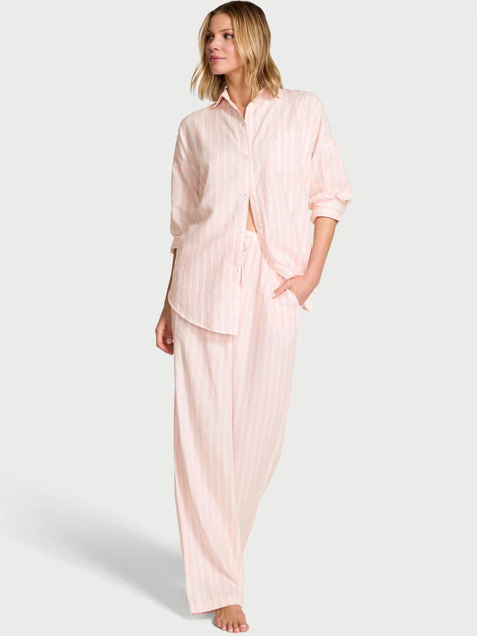 Пижама фланель Victoria's Secret Oversized Long Pajama Set Short Short полоска S Розовый (2671433D)