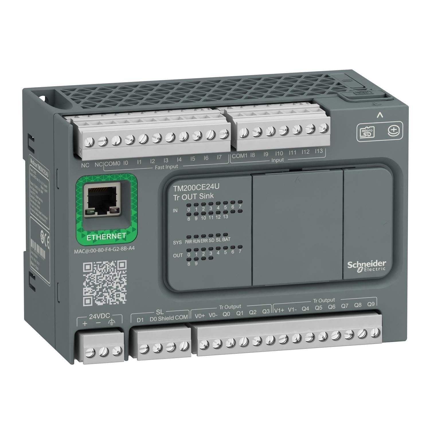 Контроллер логический Schneider Electric Modicon M200 24 входа/выхода 24V DC 14/10 транзисторный NPN EtherNet (TM200CE24U)
