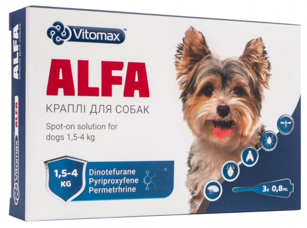 Капли Альфа Vitomax против блох и клещей для собак 1,5-4 кг 0,8 мл 3 пипетки