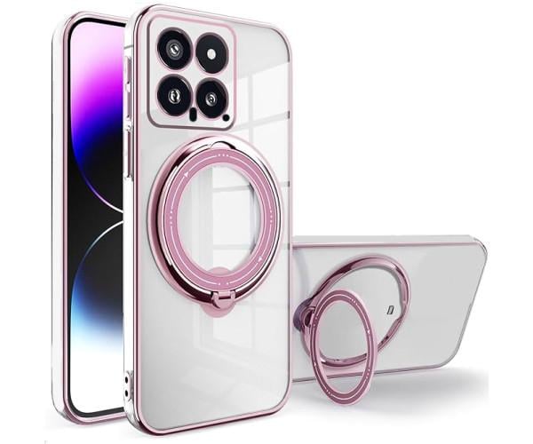 Силиконовый чехол накладка Clear Case для Xiaomi 14 с металлическим кольцом держателем и защитой для камеры Розовый