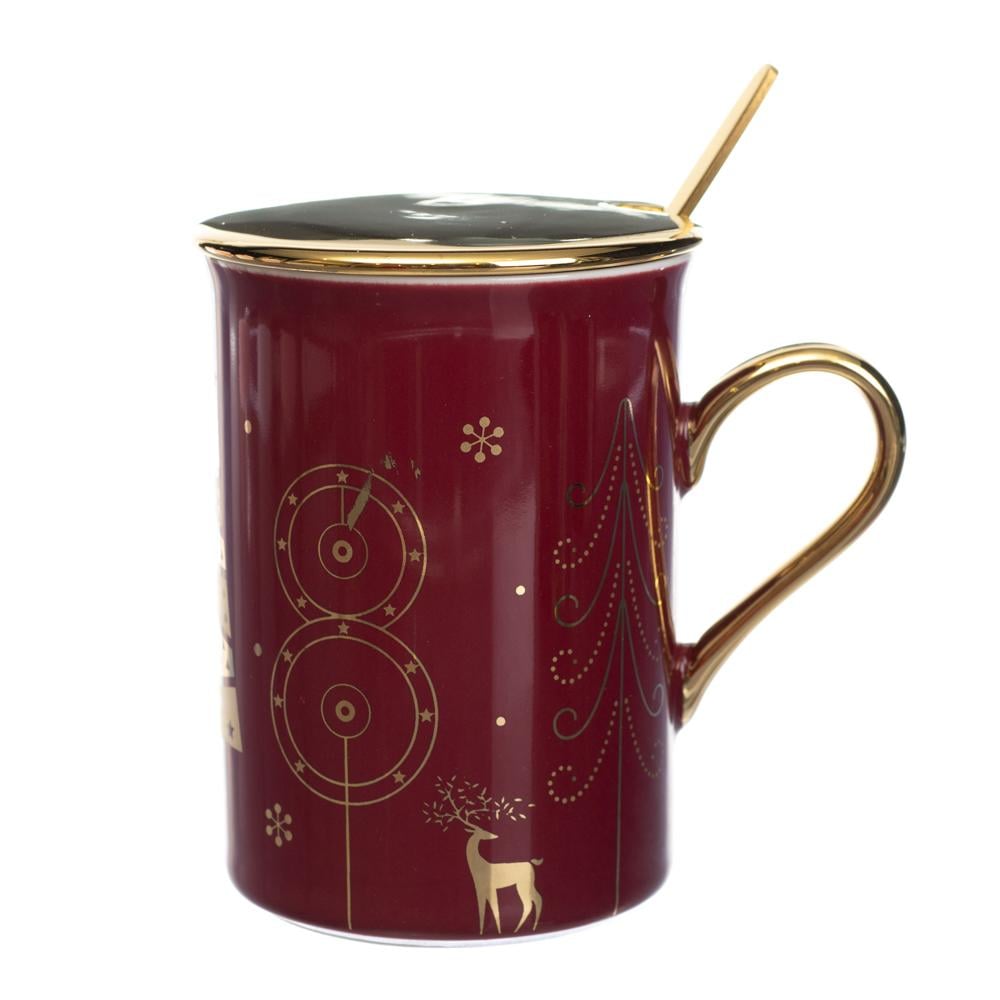 Новогодняя кружка для горячих напитков Merry dancers 300 мл с ложкой и крышкой Красный (147-81-8805-007.3)