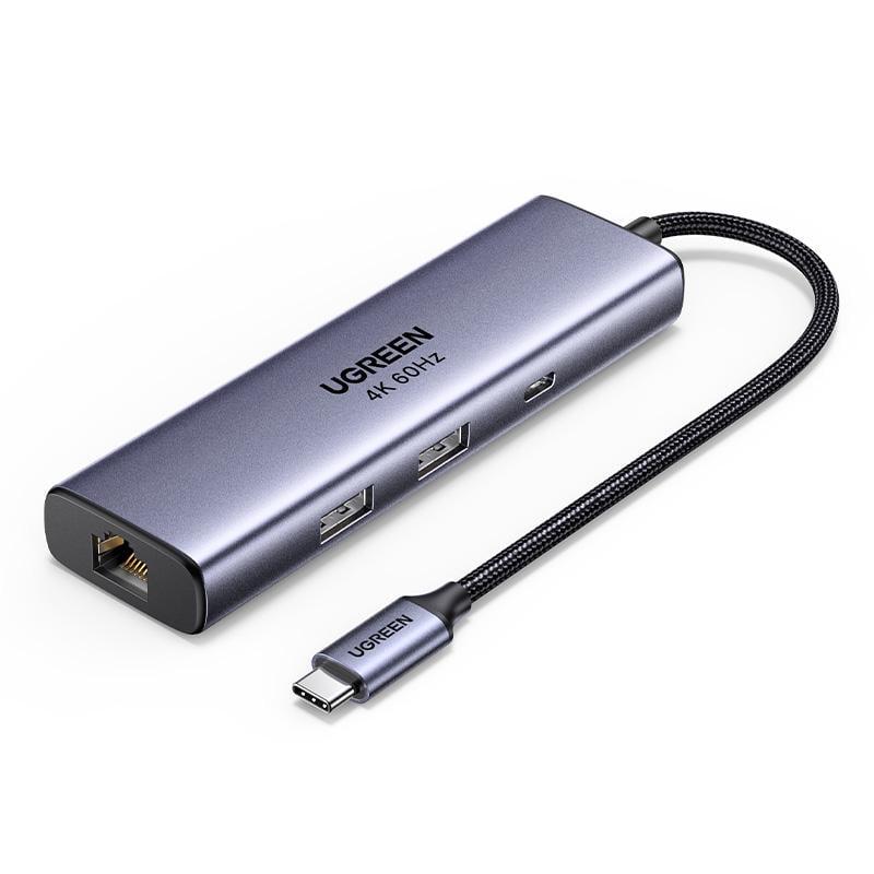 Хаб USB-C UGREEN CM512 DisplayPort 4K 60 гц PD 100 Вт LAN Серый (75643)