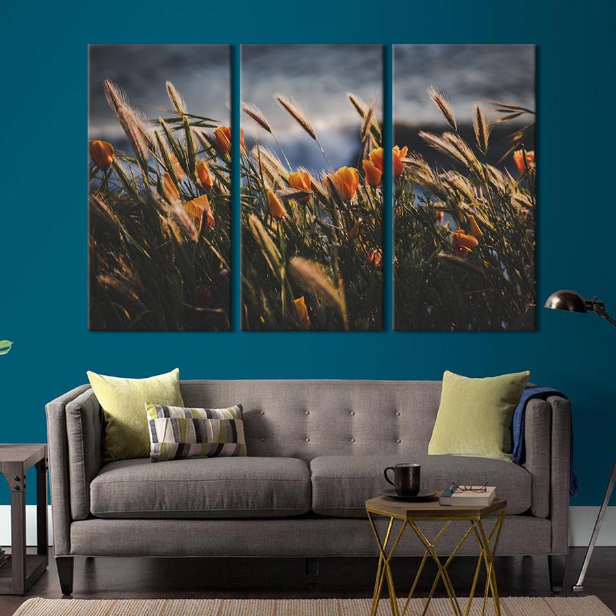Картина на холсте триптих Оранжевые маки на поле 156x100 см (957-31)