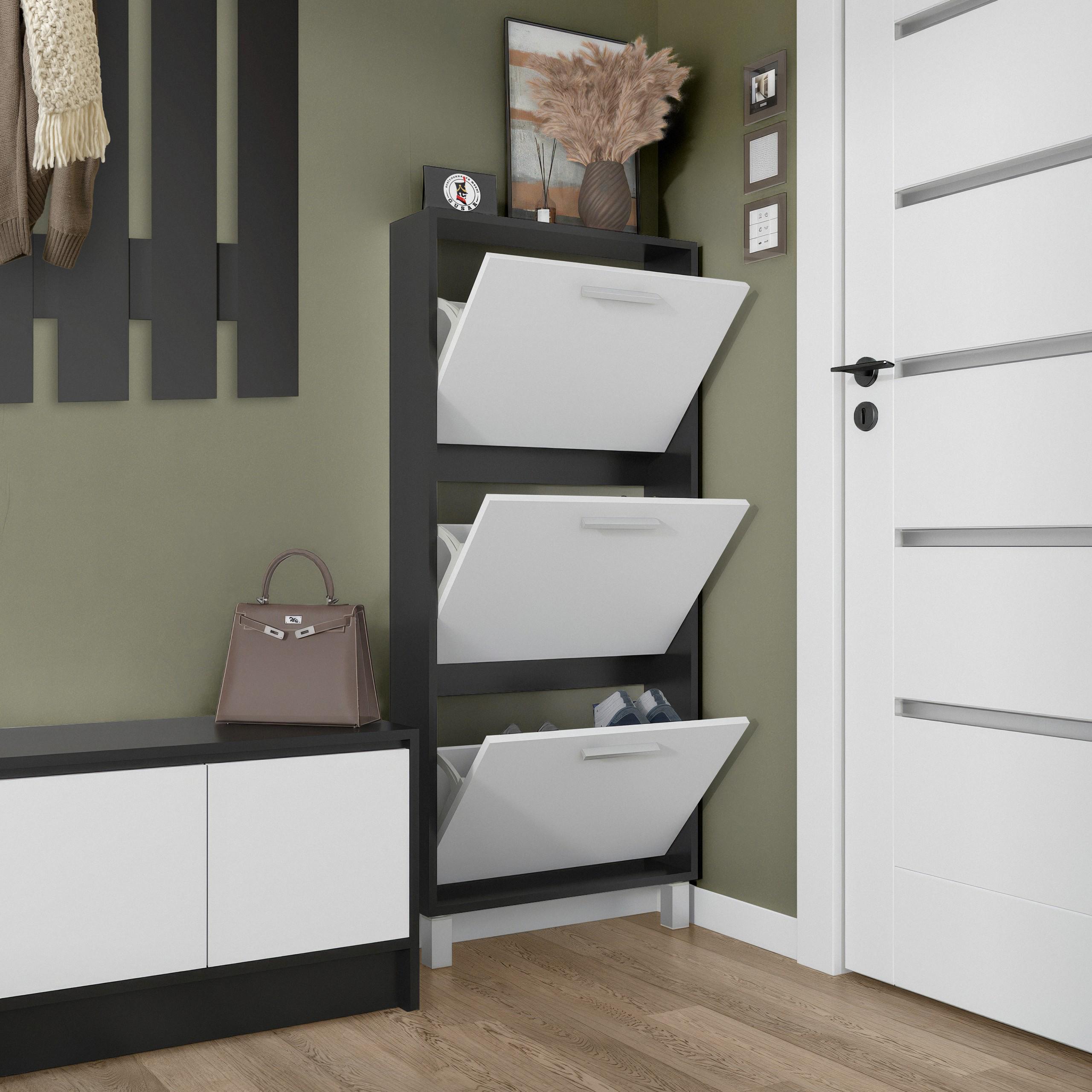 Тумба для взуття на 3 шухляди F-160 590х160х1350 мм Чорний/Білий - фото 2