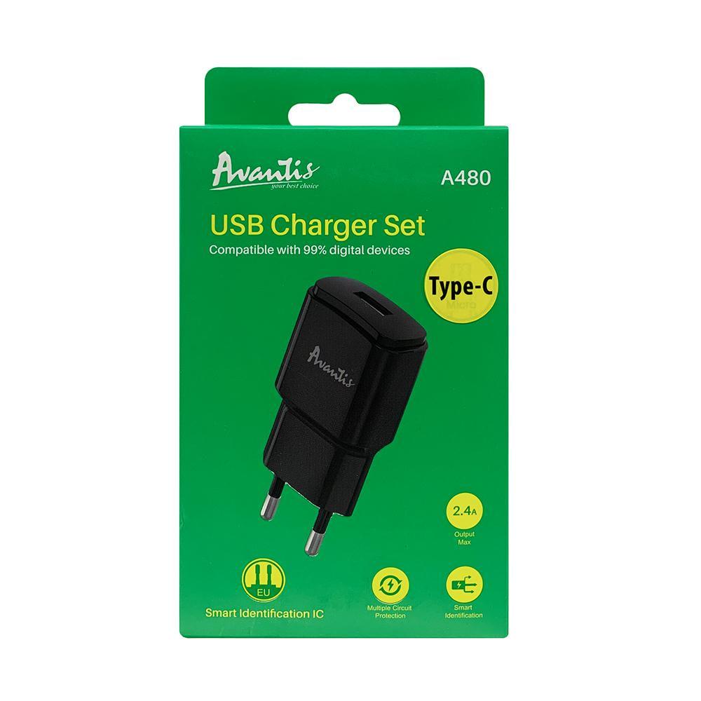 Мережевий зарядний пристрій Avantis A480 Orion 1USB/2,1A та USB кабель Type-C Чорний (844464)