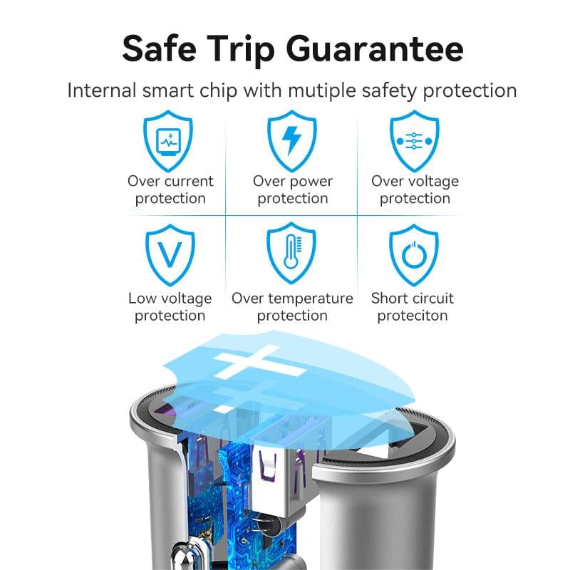 Зарядное устройство автомобильное Vention Two-Port USB A+A 30/30 Car Charger Gray Mini Style Aluminium Alloy Type (FFEH0) (FFEH0) - фото 6