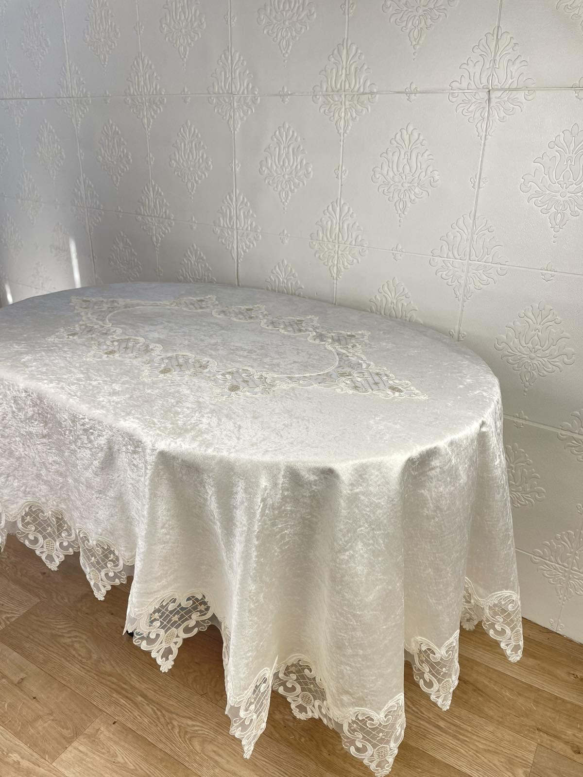 Скатертина велюрова Acme Tekstil PVS Kyrien ovale 160x260 см Krem (CN37712) - фото 2