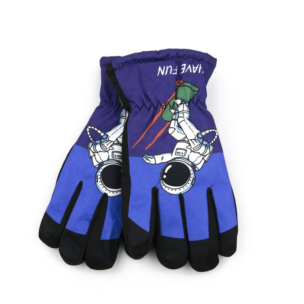 Подростковые перчатки болоневые лыжные с мехом на резинке с принтом Черный/Синий (23-6-7)