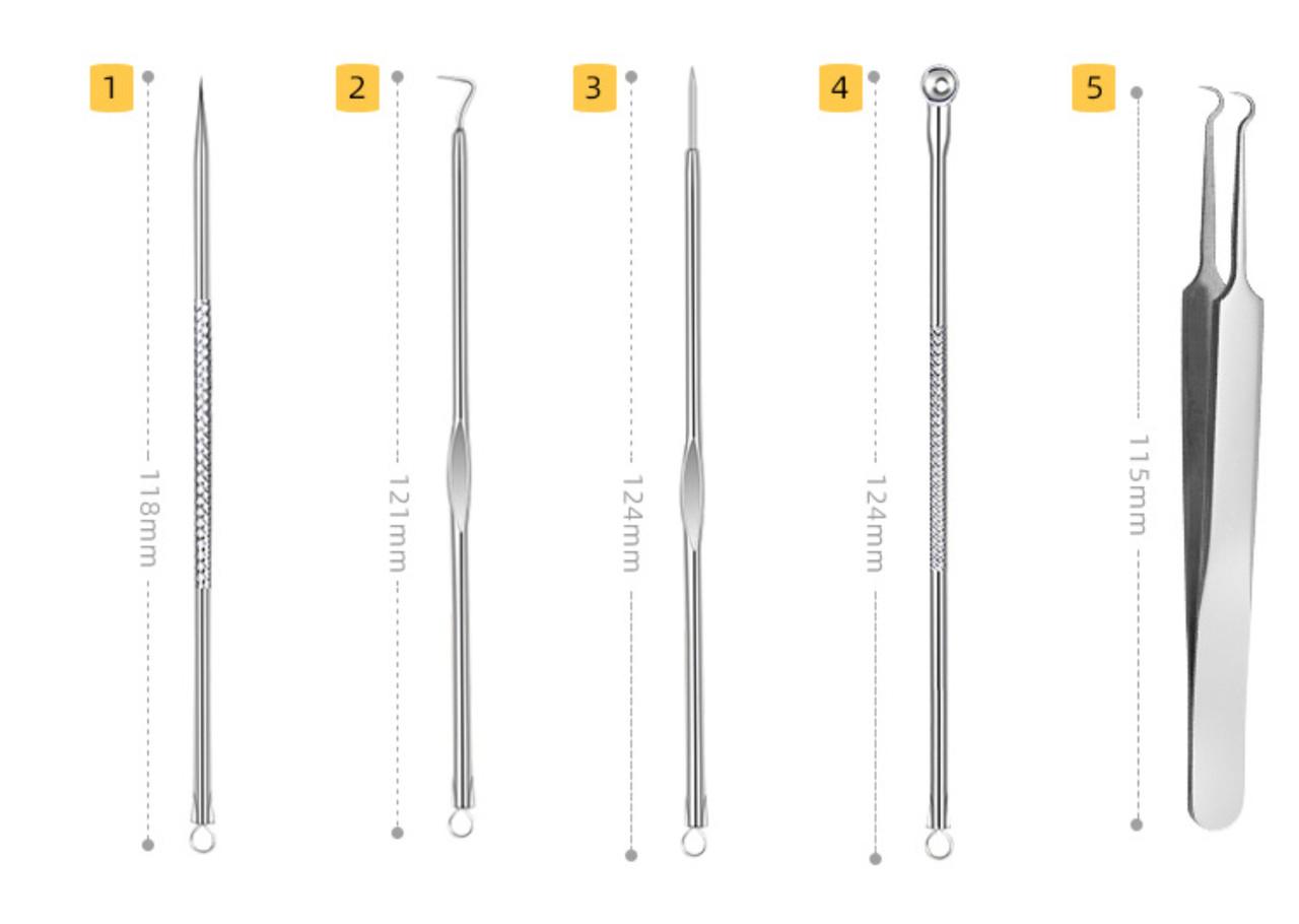 Набір інструментів для очищення шкіри обличчя видалення акне/вугрів 5 інструментів та пінцет закруглений (137080) - фото 2