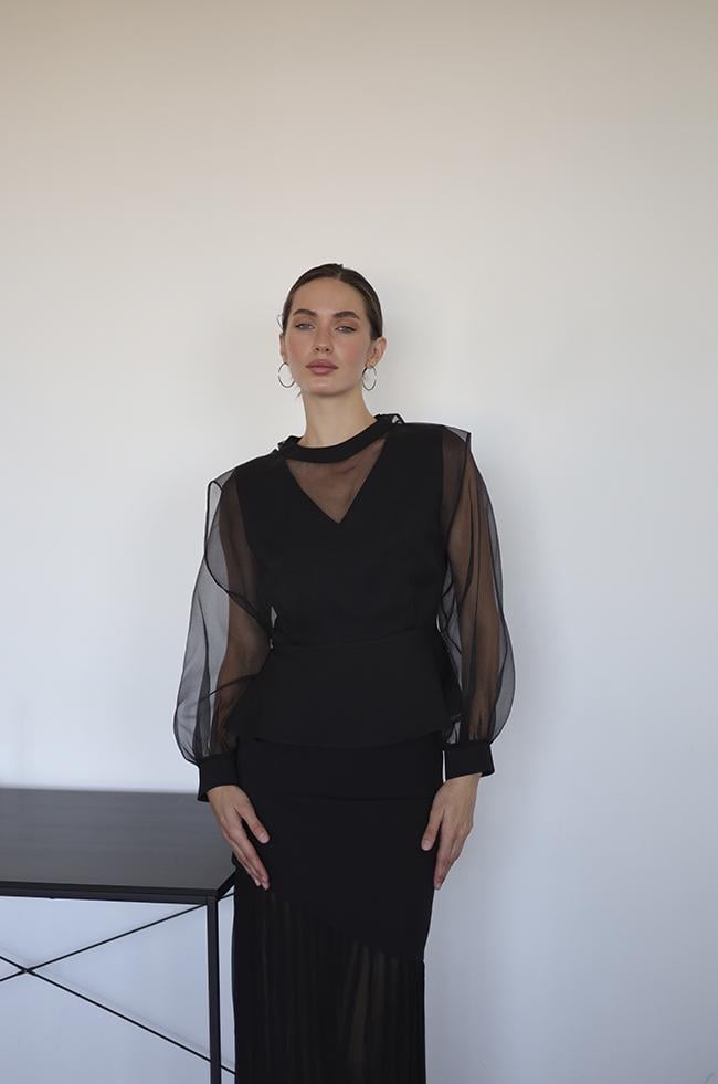 Блуза Lipar 2963 з баскою та бантом на спині р. 54 Чорний (16957450)