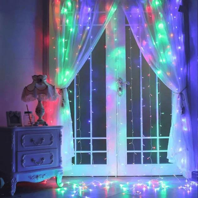 Гирлянда штора от сети прозрачный провод 240 LED 3х3 м Разноцветный (91005)