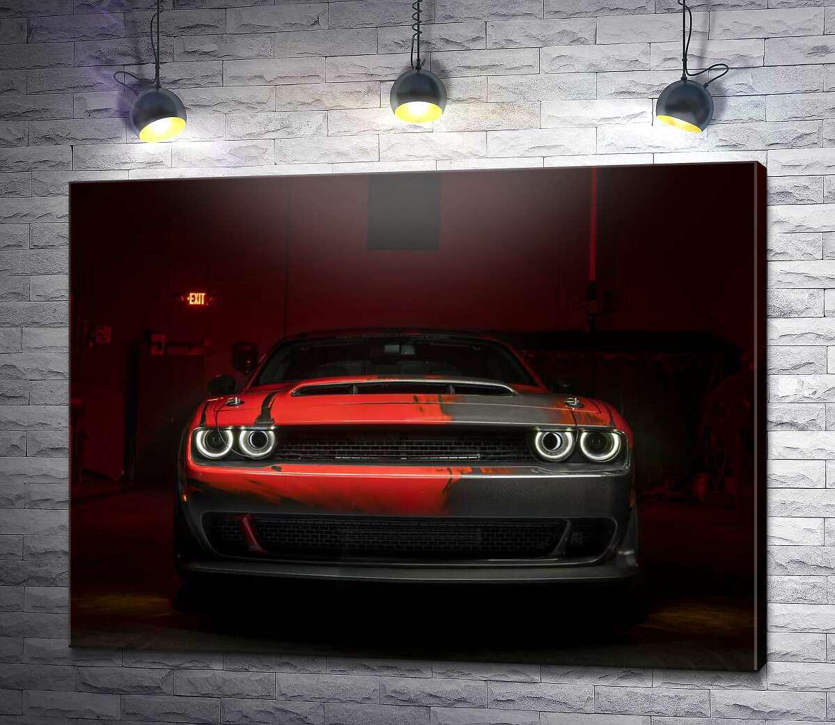 Картина ArtPoster Загадочный красный автомобиль Dodge Challenger выезжает из тени 130x98 см Модуль №1 (003965)