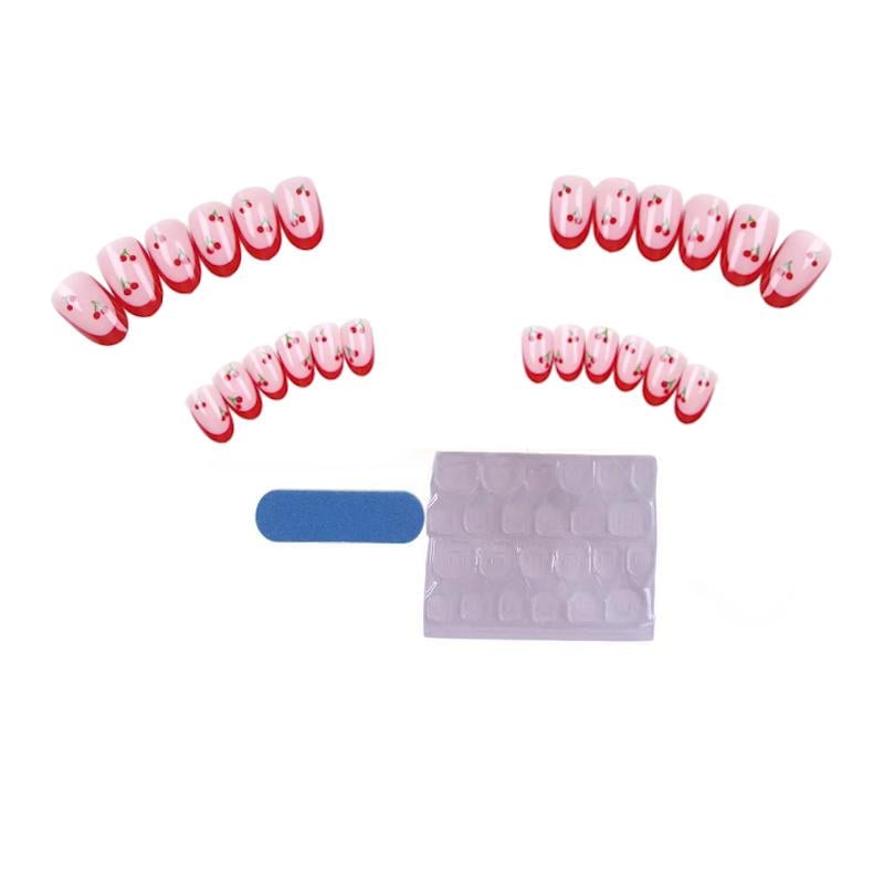 Накладні нігті Вишеньки з клейовими пластинами 24 шт. Нюд із червоним (2743174702)