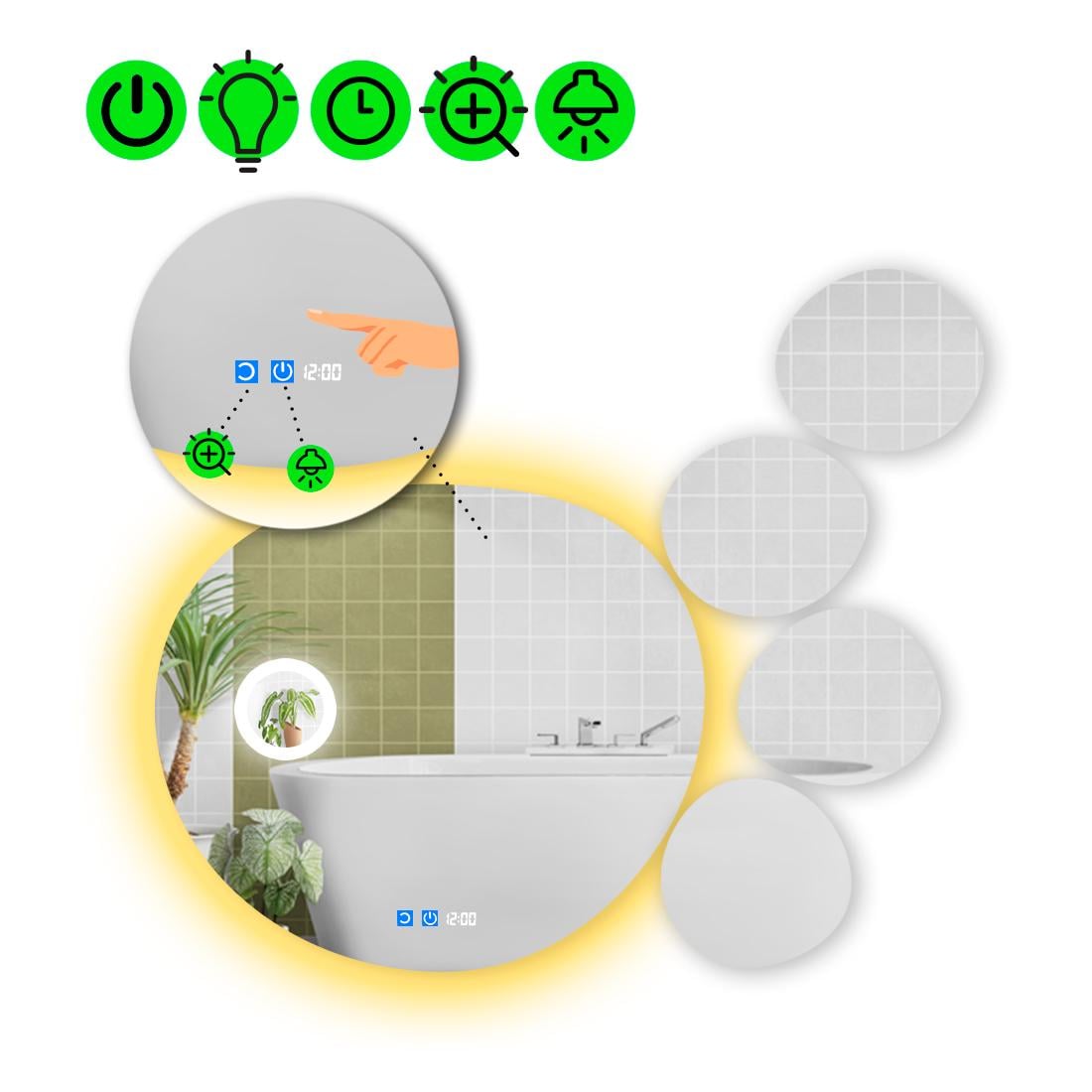 Зеркало с LED подсветкой Acqua 2 с двумя сенсорами/часами и линзой с подсветкой 120x120 см (Acqua2-52)