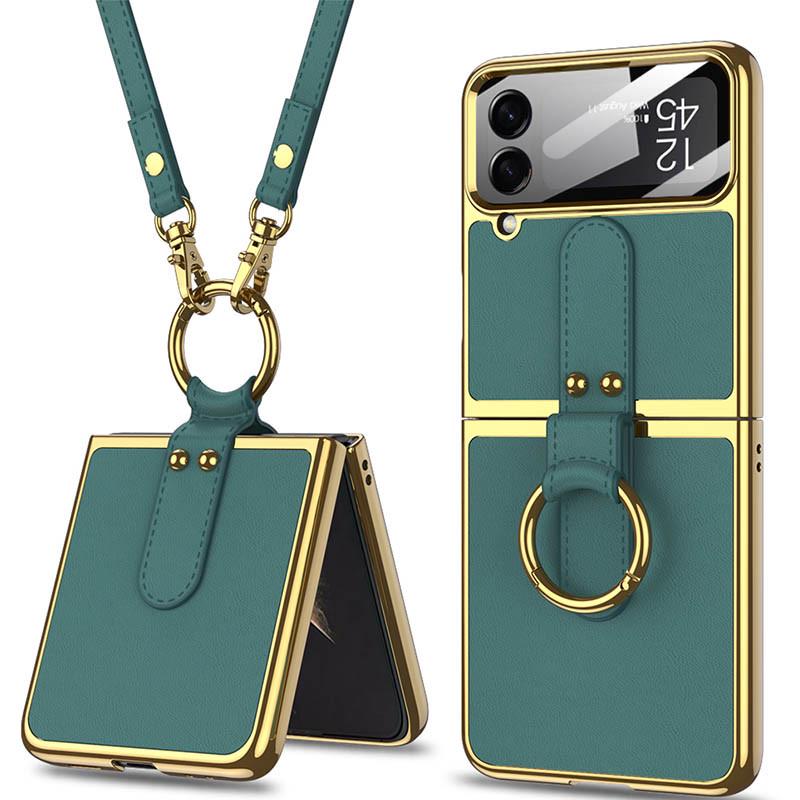 Противоударный кожаный чехол GKK with ring and strap для Samsung Galaxy Z Flip4 Forest Green