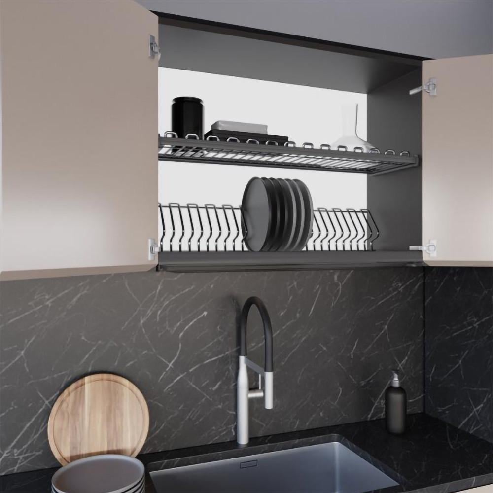 Сушка для посуды фасадная INOXA Ellite 800 с алюминиевой рамкой 716 2 полки поддон из пластика Титан (81846)