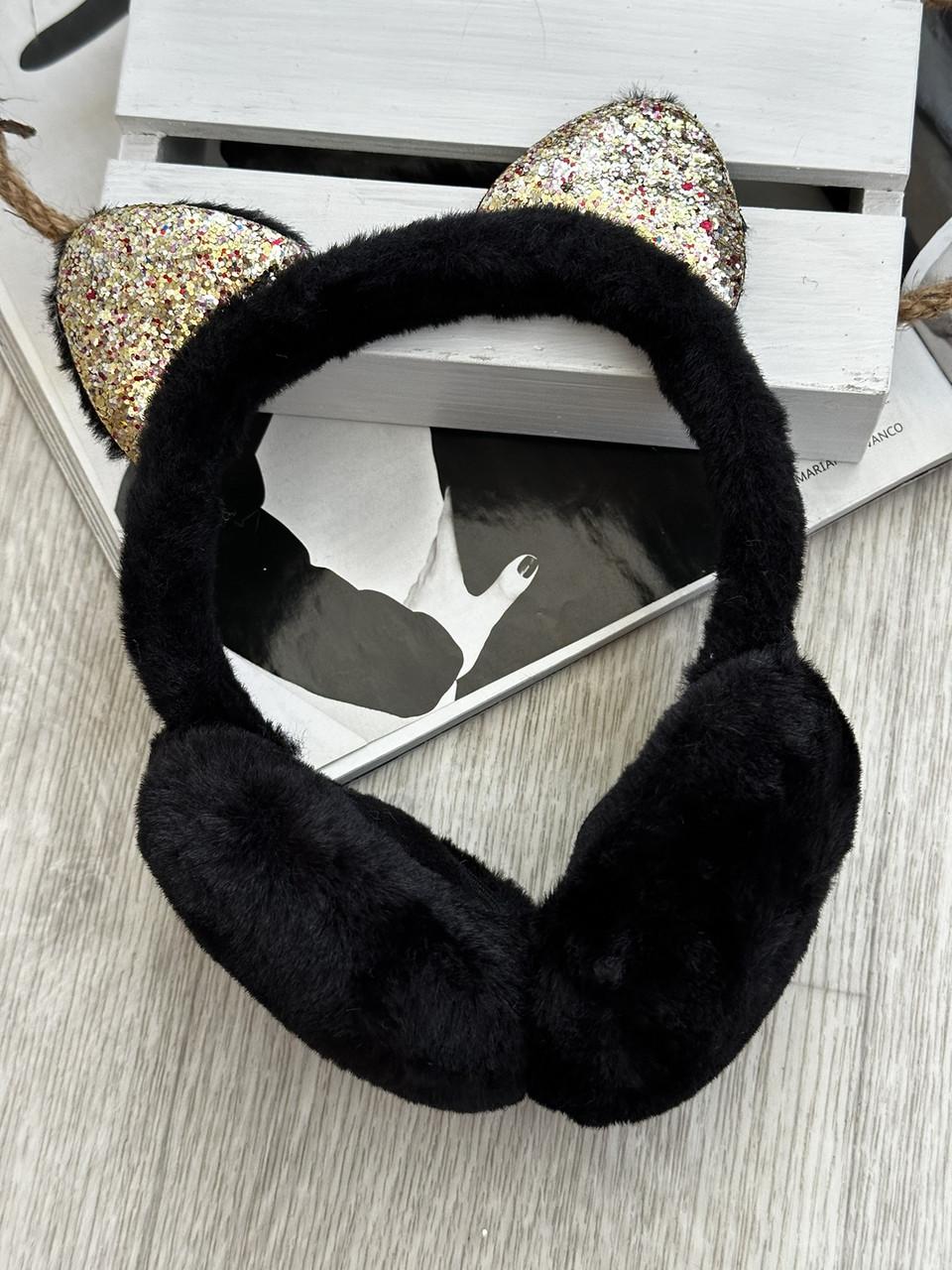 Наушники меховые с кошачьими ушками складные Черный (6014)