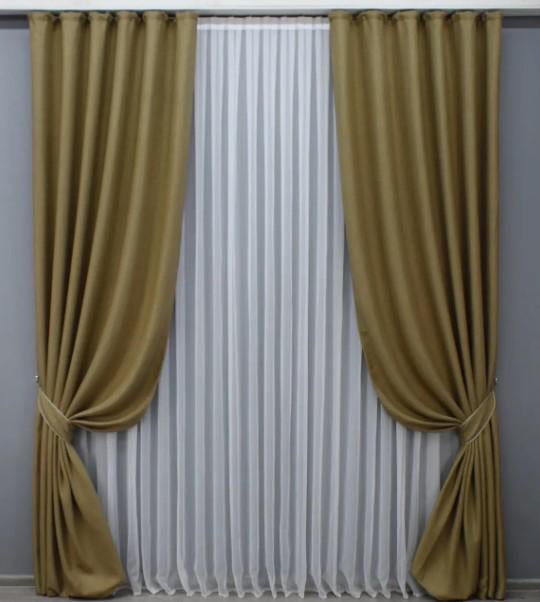 Комплект штор лен/рогожка в гостиную 1,5х2,7 м 2 шт. Бежевый (1447ш)