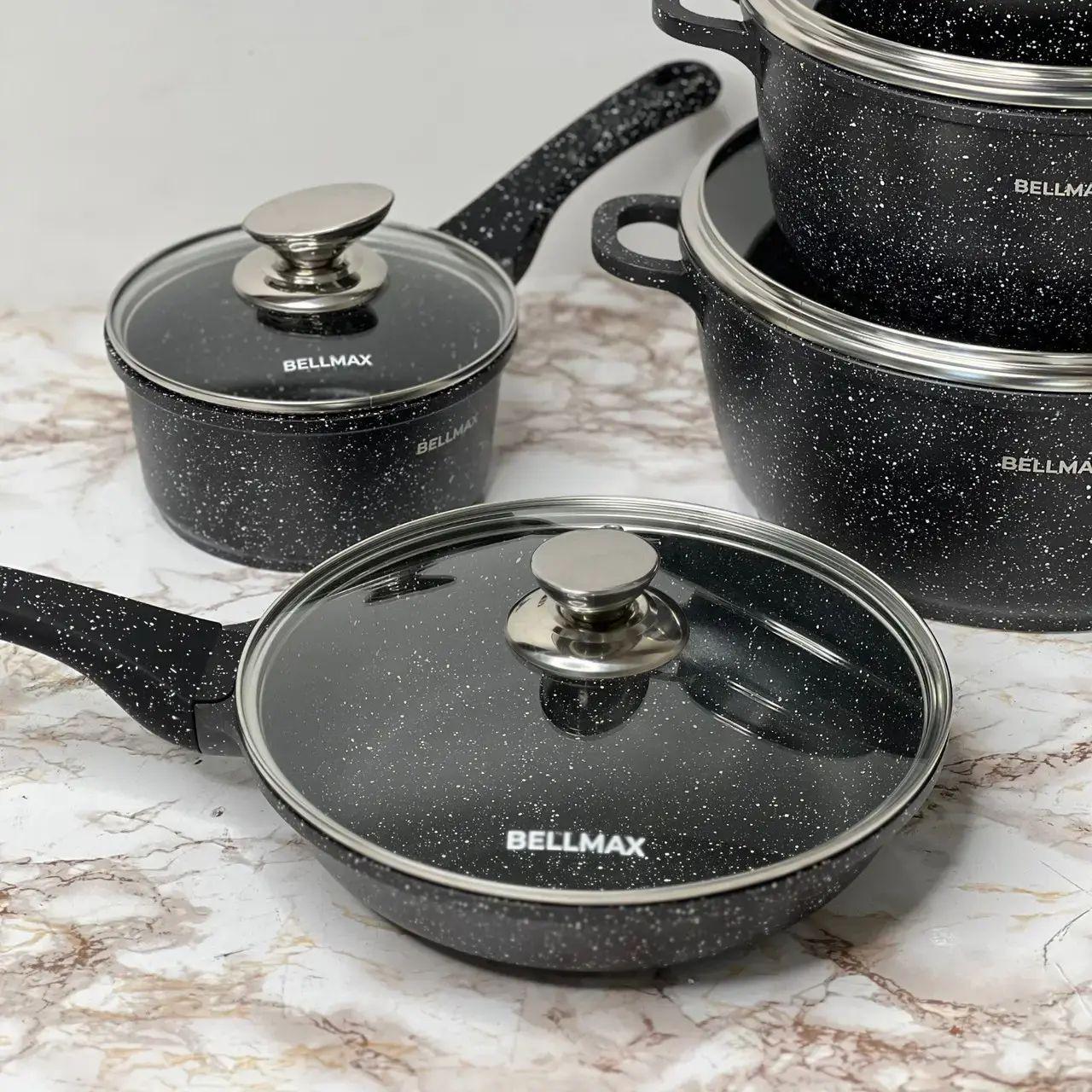 Набір посуду BellMax BM-305 Каструлі/сковорода/сотейник з кришками та гранітним антипригарним покриттям 10 пр. Чорний (opt-105022) - фото 4 Набір посуду BellMax BM-305 Каструлі/сковорода/сотейник з кришками та гранітним антипригарним покриттям 10 пр. Чорний (opt-105022) - фото 4