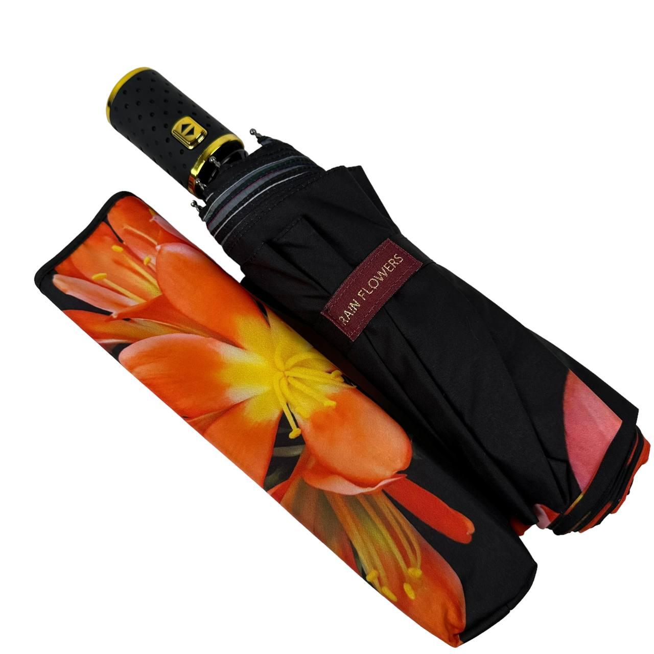Зонт женский автомат Rain Flower в подарочной упаковке с платком Черный с оранжевым цветком (01020-1) - фото 5