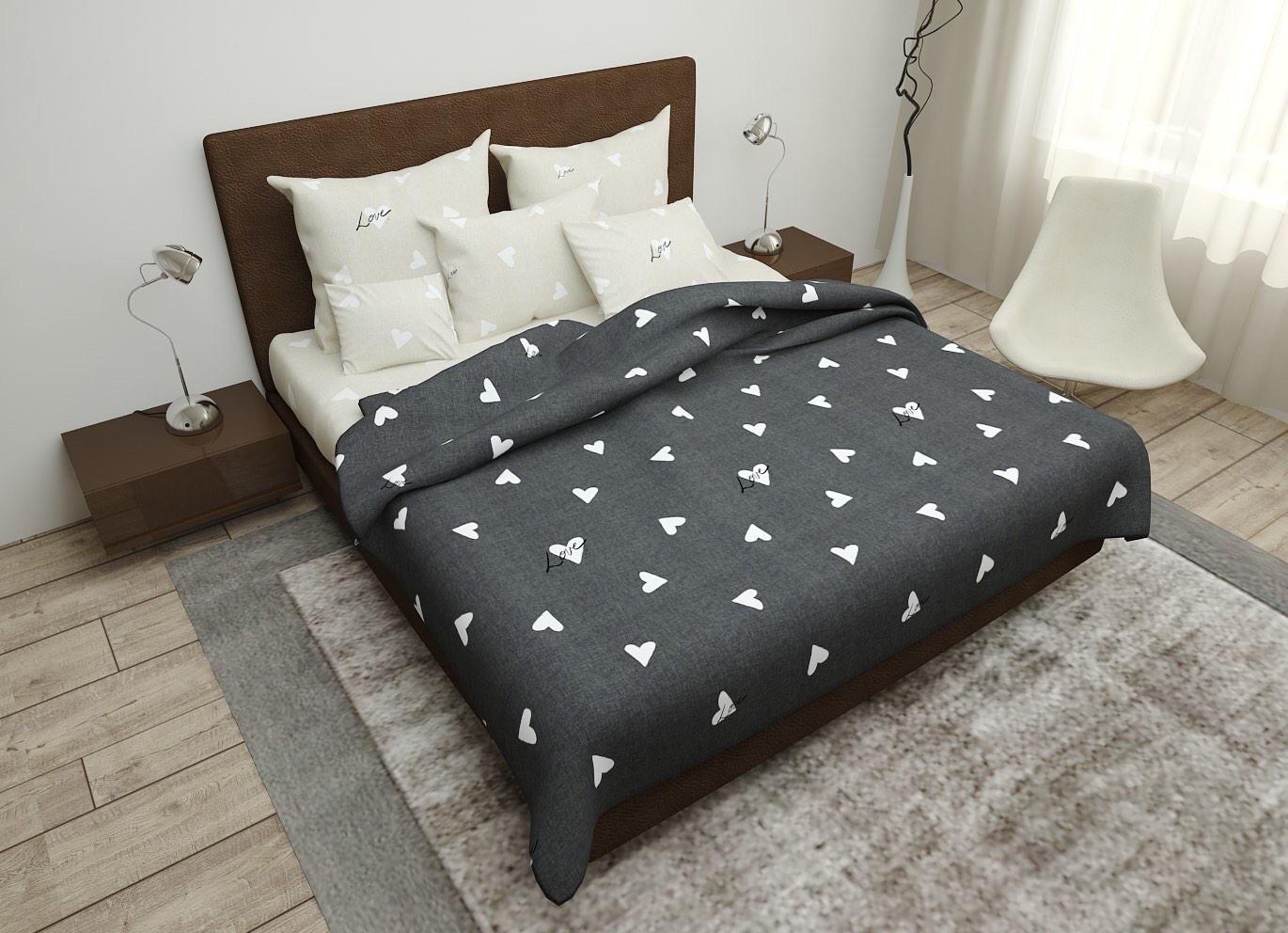 Комплект постельного белья полуторный с сердечками Темно-серый (6962459)