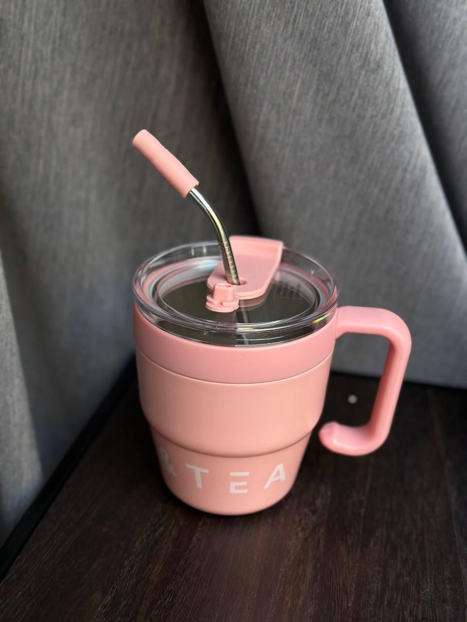 Термочашка YIWU Coffee&Tea с трубочкой и двойным открыванием 480 мл Розовый (HP-14-23P)