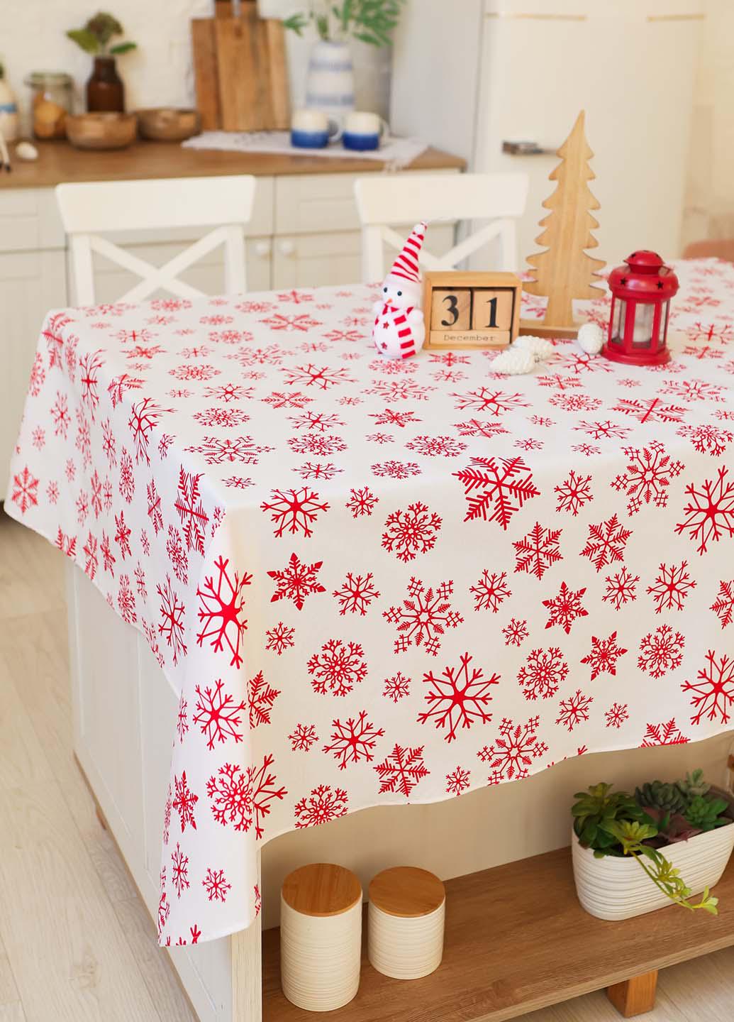 Скатертина новорічна бавовняна Сніжинки червоні на білому розкладний стіл 1,5х2,2 м (счб22) - фото 1 Скатертина новорічна бавовняна Сніжинки червоні на білому розкладний стіл 1,5х2,2 м (счб22) - фото 1