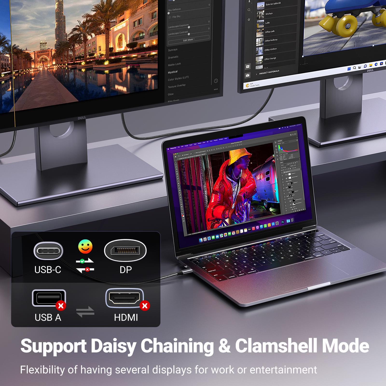 Кабель UGREEN Type-C-DisplayPort 8K 60Hz 4K 240Hz 32.4 Гбит/с конвертер USB-C Thunderbolt 4/3 до DP 1.4 1 м Черный (25157) - фото 2