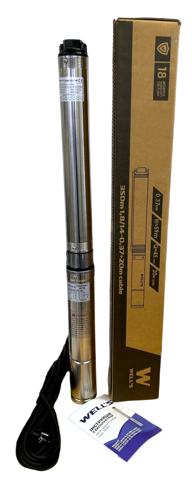 Погружной насос для скважины WELL`S 3SDm1,8/14 0,37 кВт H=59 м Q=45 л/мин