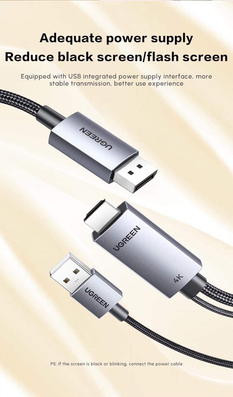 Кабель UGREEN HDMI для DisplayPort 4K 60Hz/1080P 240Hz однонаправленный HDMI>DP С питанием USB HDR FreeSync G-Sync 1,5 м Черный (25153) - фото 5