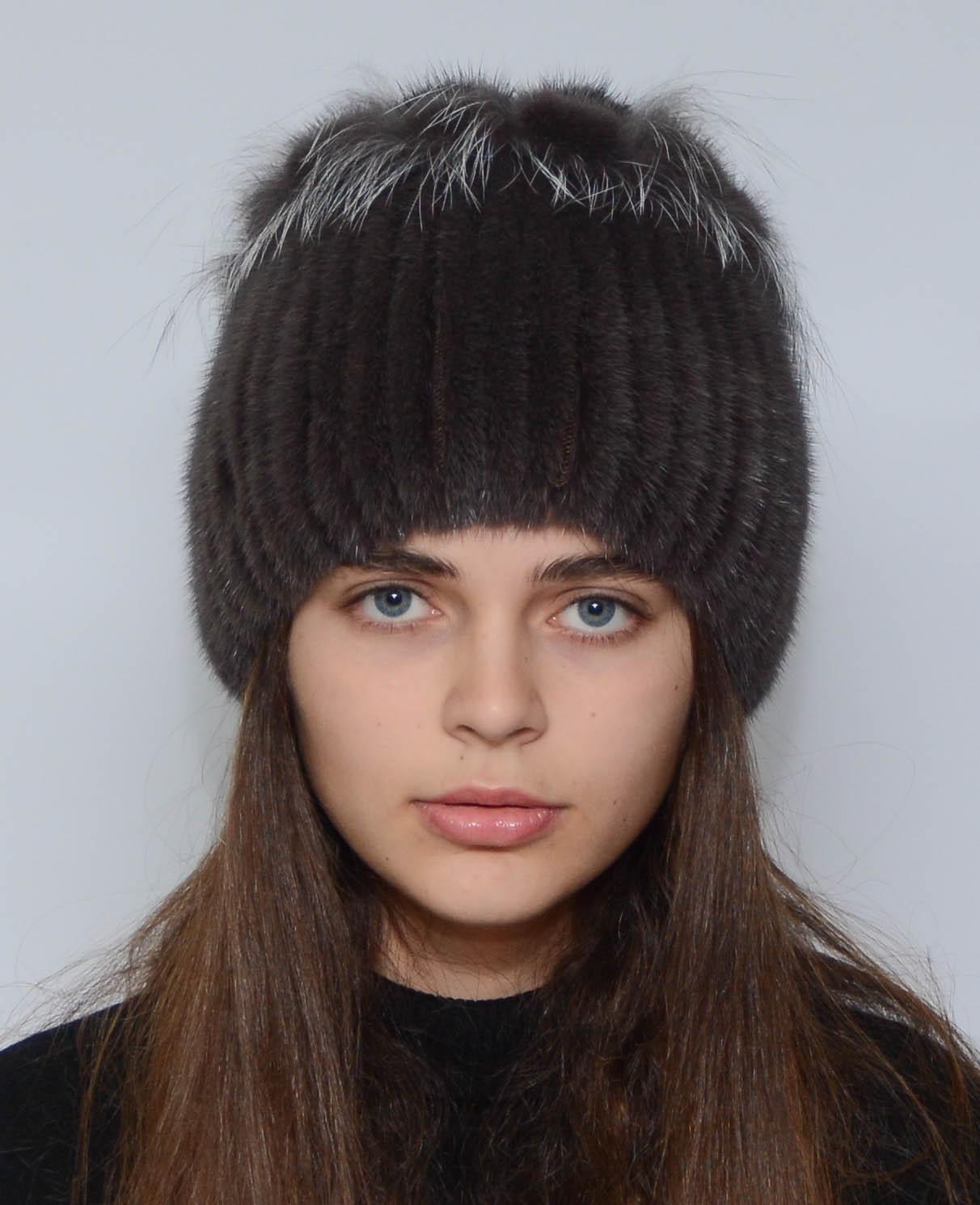 Зимняя шапка из вязаной норки Меховой стиль Петли натуральный мех M-L Кофе (101/G)