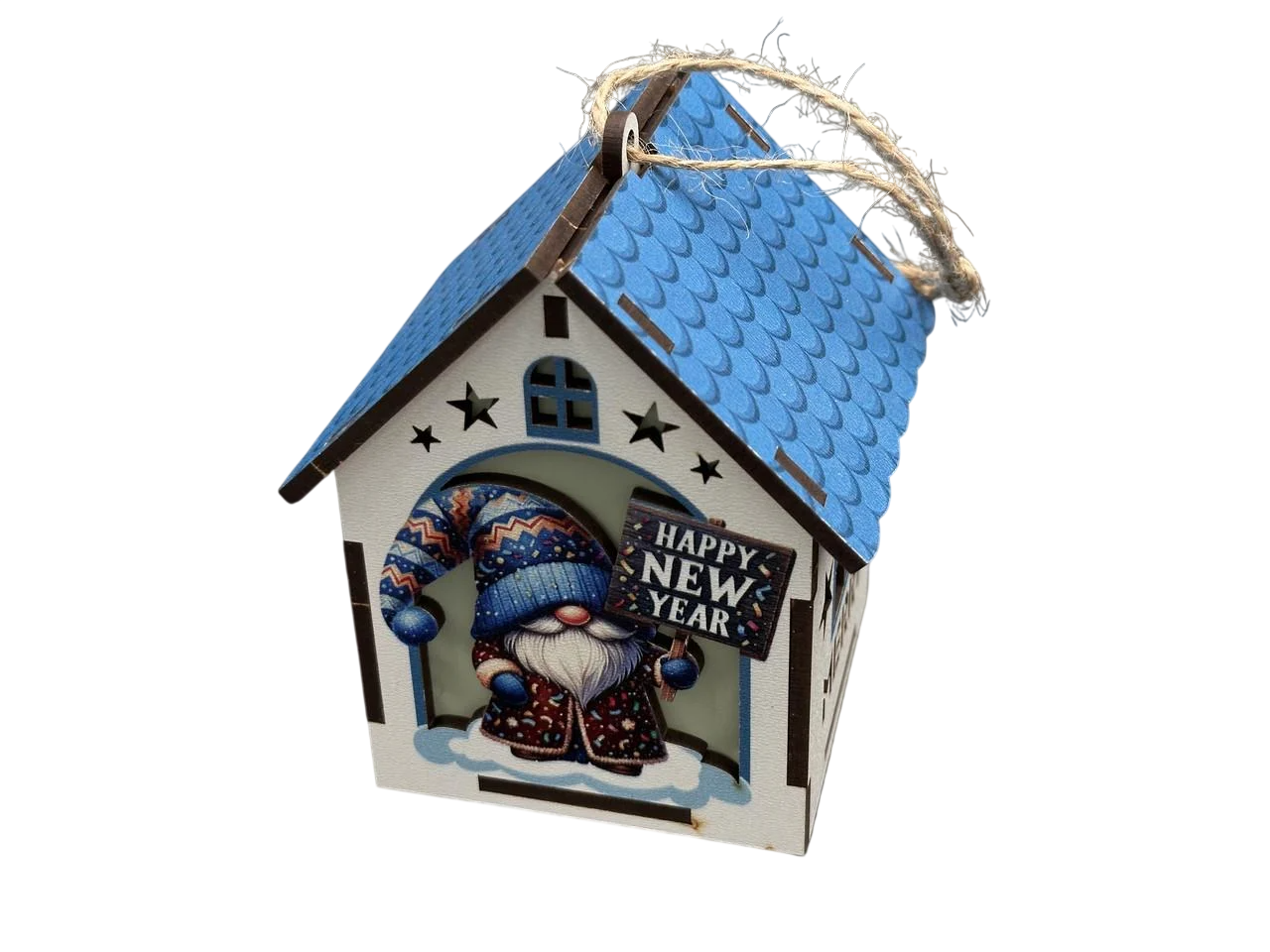 Іграшка ялинкова новорічна Будиночок із підсвічуванням із фанери 100х75х55 мм Синій із білим (NR-120)