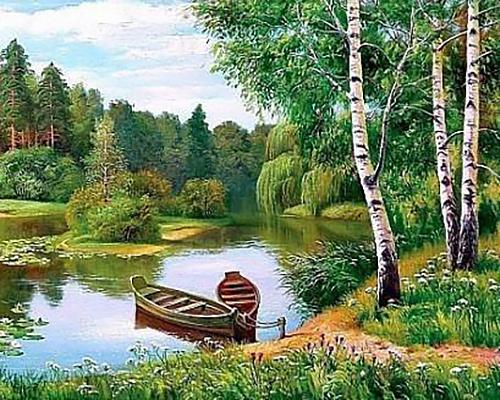 Алмазная мозаика на подрамнике Березы у реки 50x40 см (DM.039-pdr)