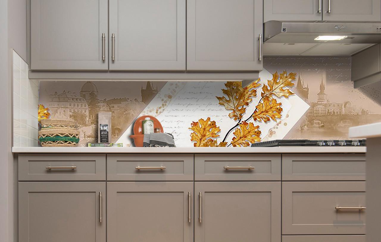 Кухонный фартук Дубовые листья город из самоклеющейся виниловой пленки 60х250 см Бежевый