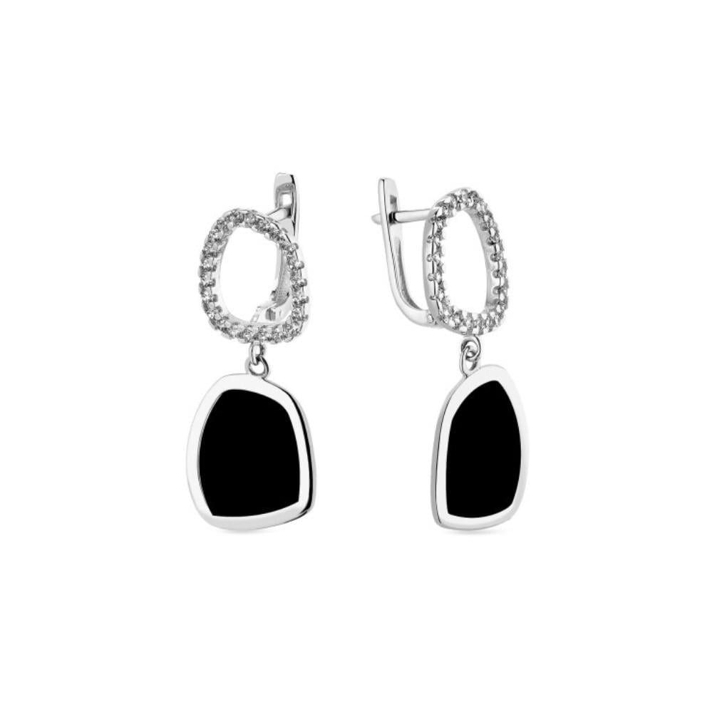 Серьги с подвеской с черной эмалью серело 925 пробы родированное 2,93 г (1610с)