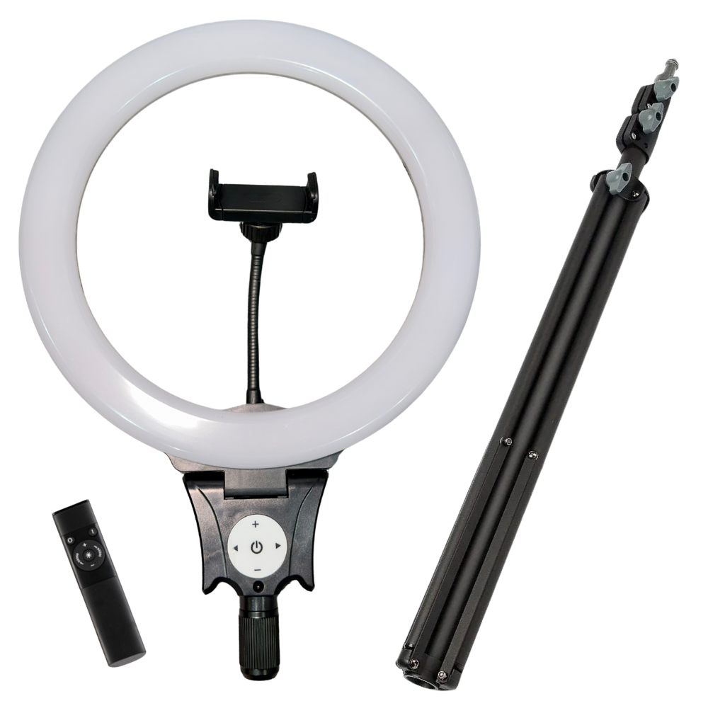 Кольцевая LED-лампа для телефона со штативом от сети с пультом 30 см 3000K-6000K 24 Вт (HQ-12N8809)