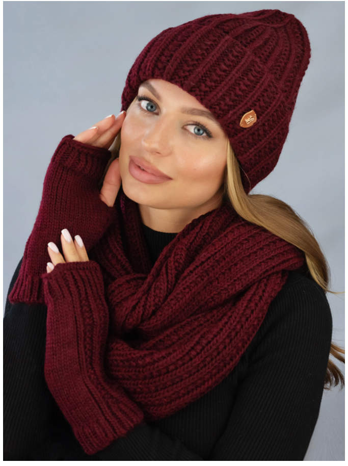 Комплект шапка со снудом и митенками женский Braxton Юна Бордовый (842W) - фото 1 Комплект шапка со снудом и митенками женский Braxton Юна Бордовый (842W) - фото 1
