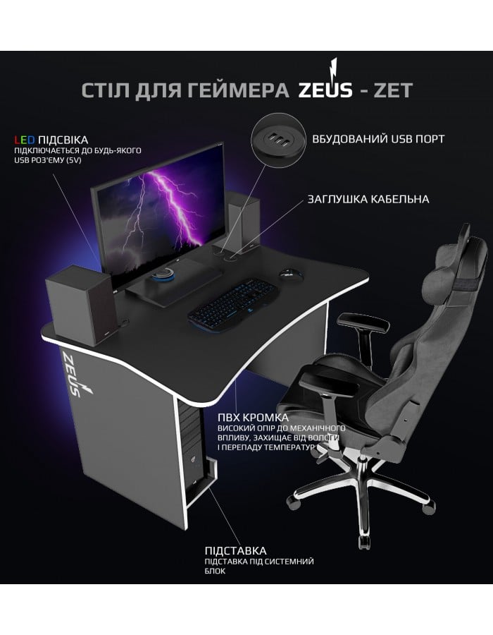 Ігровий геймерський стіл ZEUS ZET-1 Чорний/Білий - фото 5