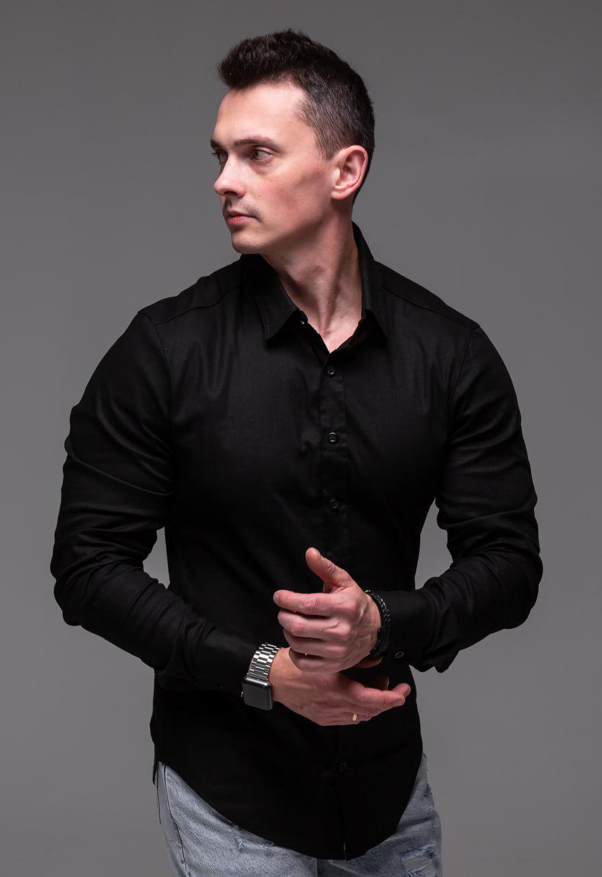 Рубашка мужская льняная с длинным рукавом S Черный (2389)