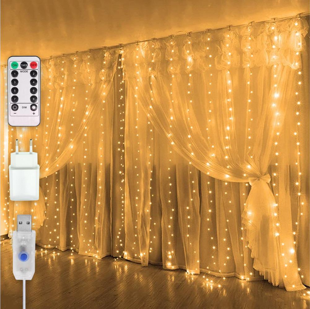 Гирлянда-штора Роса с пультом 300 LED от USB и сети 220В 10 нитей 8 режимов 3x3 м Теплый белый