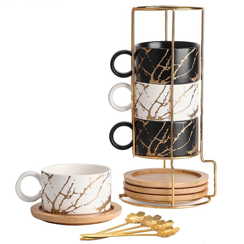 Набор чашек Lesko Мраморная роскошь с бамбуковым блюдцем/подставкой/ложкой 4 шт. Black/White (24366821) - фото 1