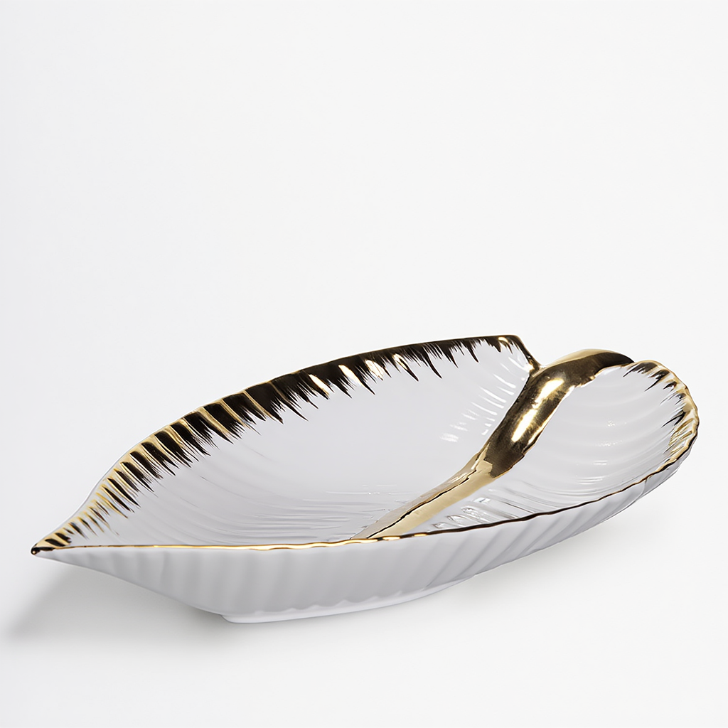 Блюдо в форме листика 40 см Белый с золотым (WH046)