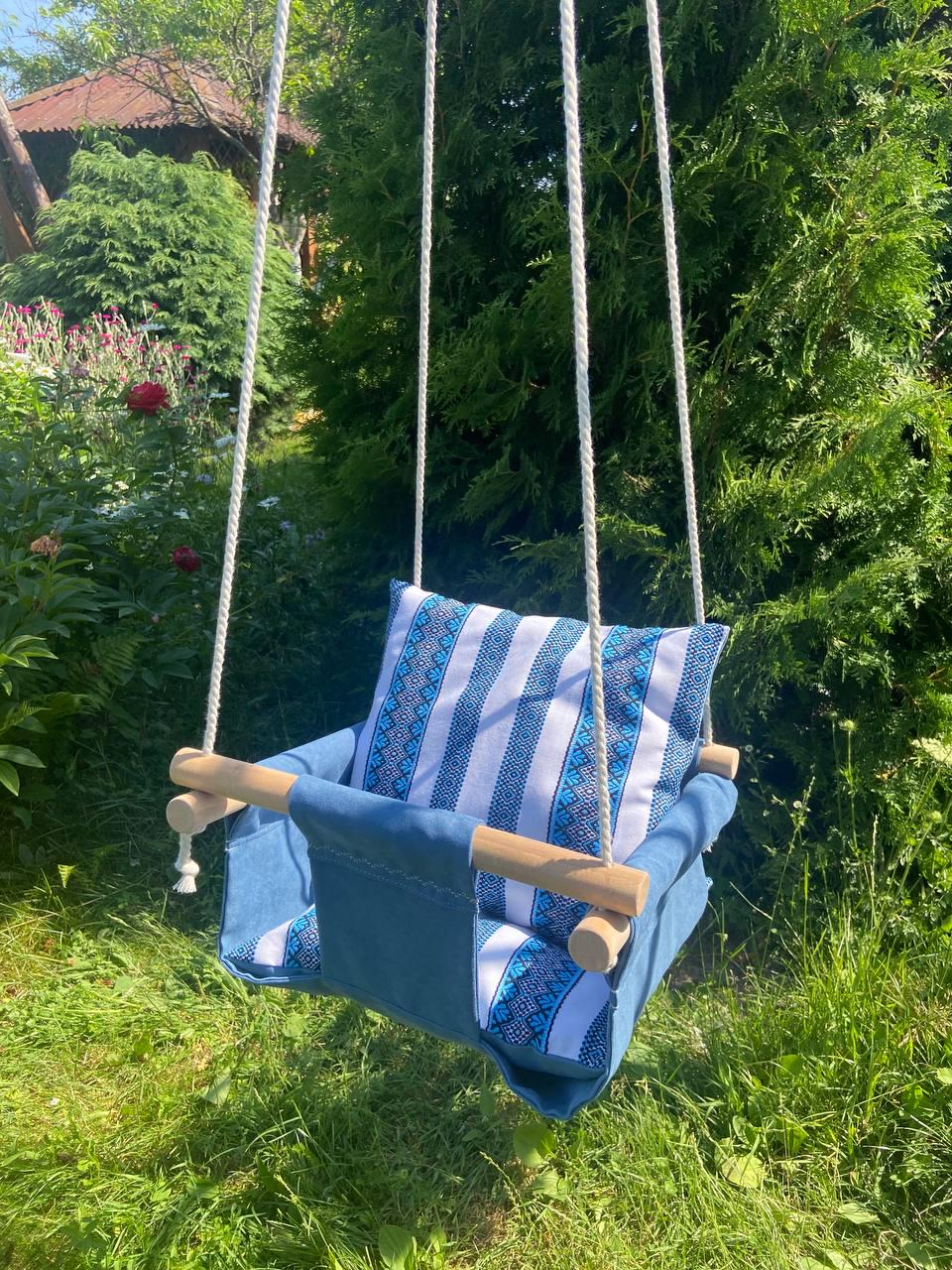 Детские качели подвесные Вышиванка из микровелюра Синий (gs-8313)