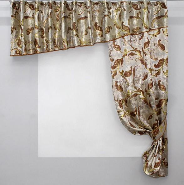 Комплект штор на кухню с ламбрекеном 290х170 см Золотистый/Коричневый (097к)