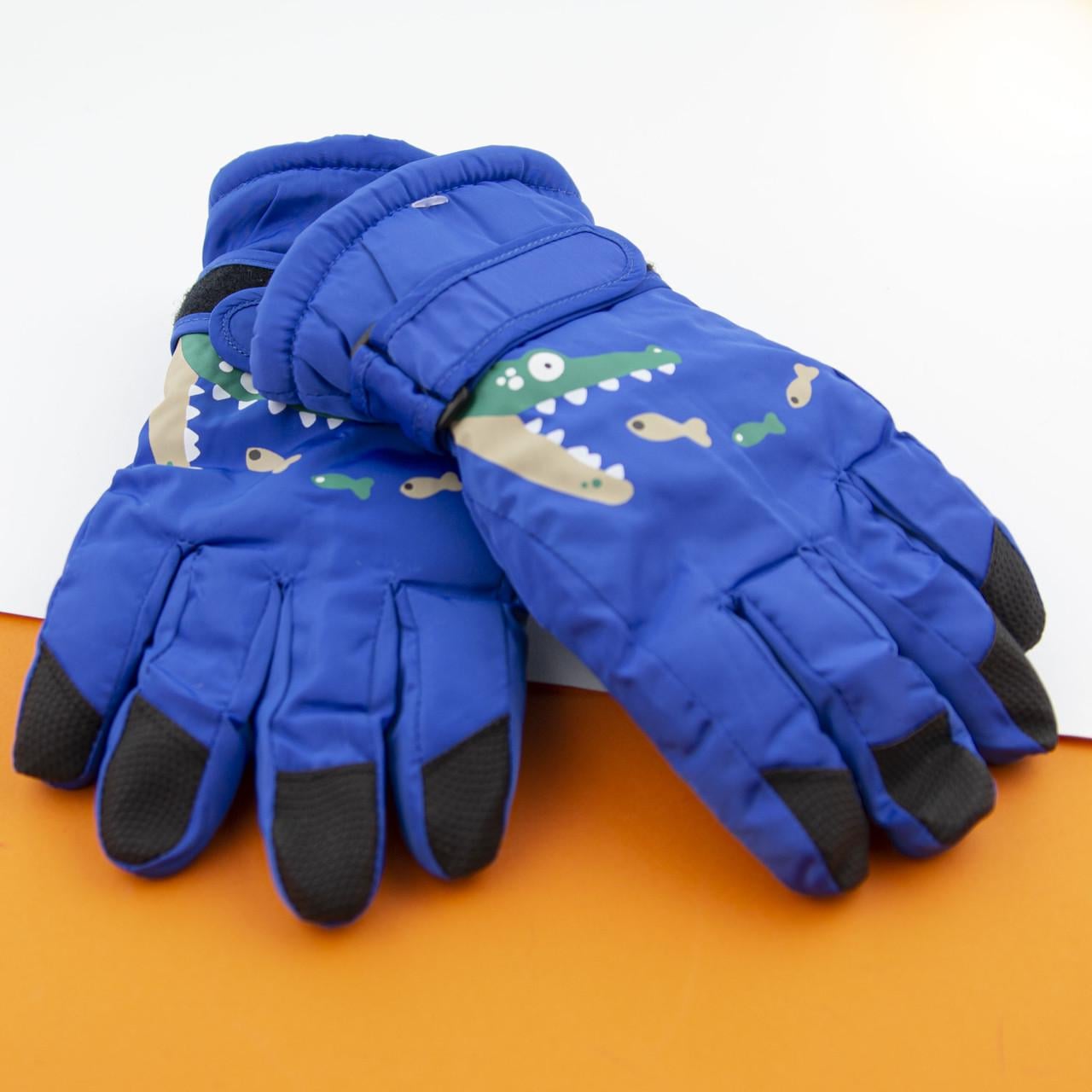 Перчатки болоневые лыжные подростковые с мехом на липучке Крокодилы 22-12-42 Синий (DR009797)