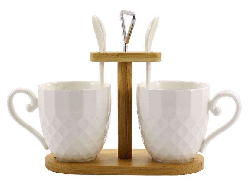 Набор чашек фарфоровый Interos на бамбуковой подставке с ложками 2 шт. 300 мл (PJ03395 B)